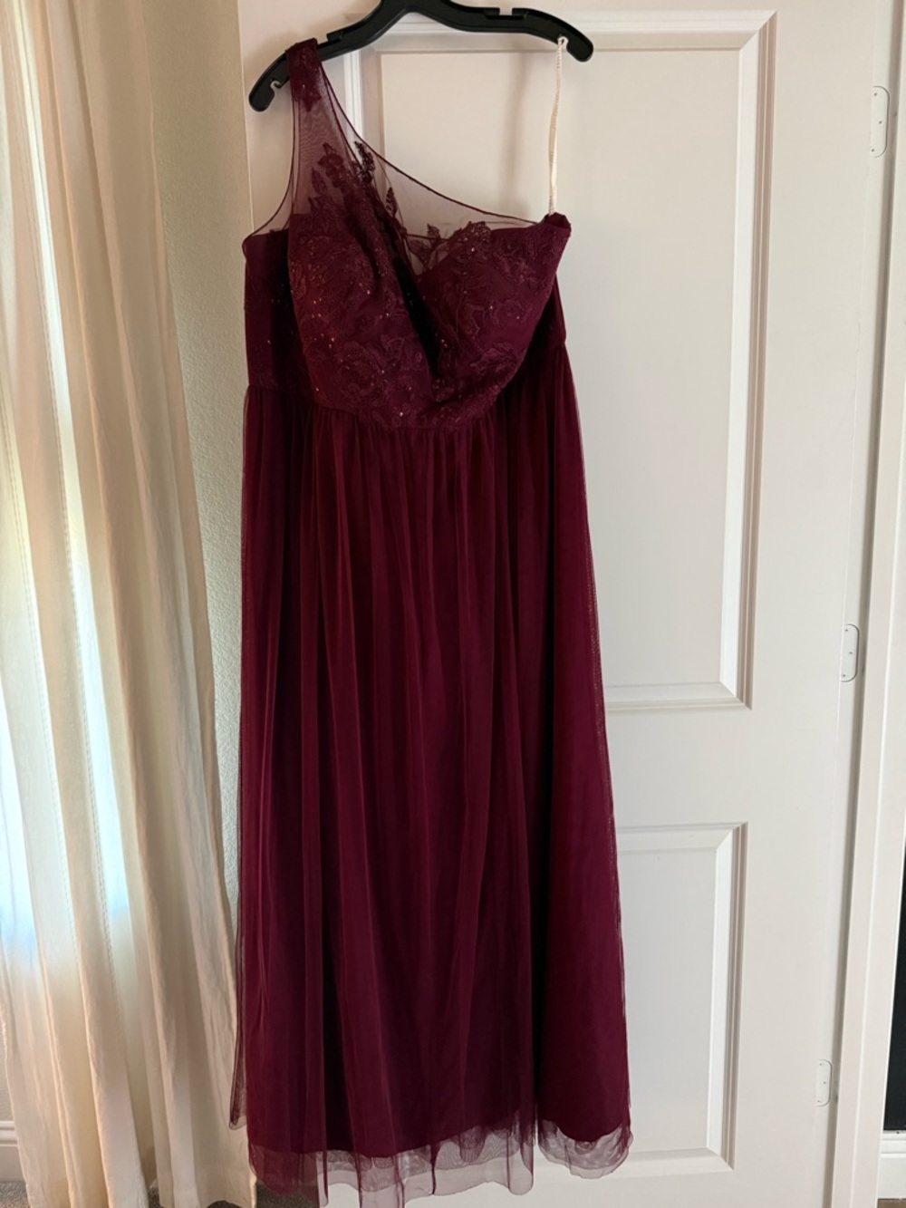David's Bridal One-Shoulder Burgundy Tulle Evening Gown